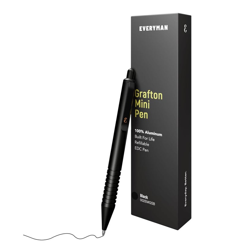 Everyman Grafton Black Mini Click Refillable 0.7mm Gel Pen | Compact Aluminum Pen with Deep Grooved Grip for Smooth Writing | Pocket EDC Ink Pen for Office, Travel, Journaling & Daily Use - Image 1